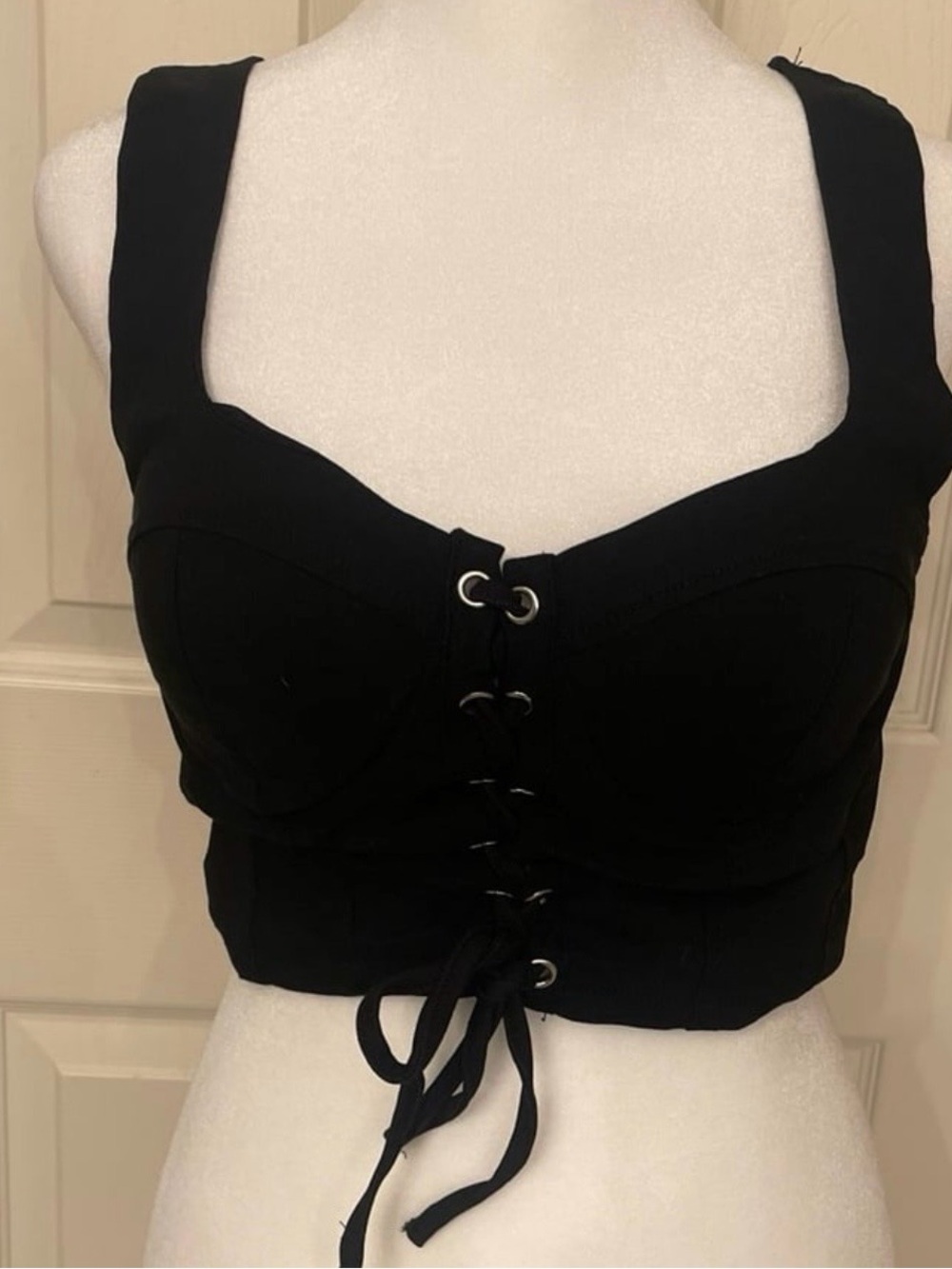 Haute Monde Black Lace-Up Corset Cropped  Top Large